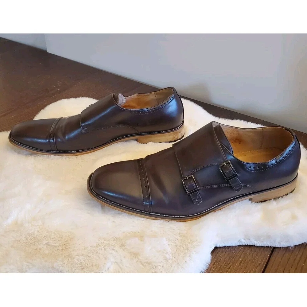 Amali Men's Maroon Leather Baker Double Monk Straps Fashion‎ Shoes Size 10